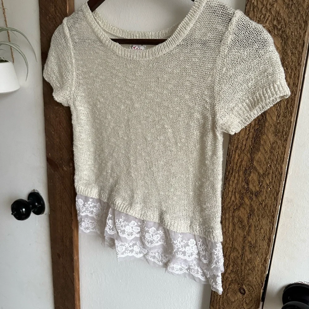 Justice Girls Short Sleeve Sweater Blouse Lace Tulle Bottom Size 12 Like New